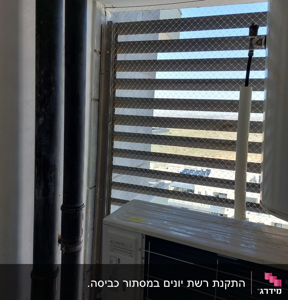 רשת מתכת על חלון למניעת כניסת יונים